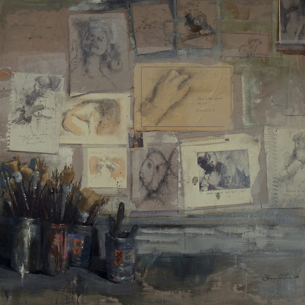 Pinceles y pared del taller